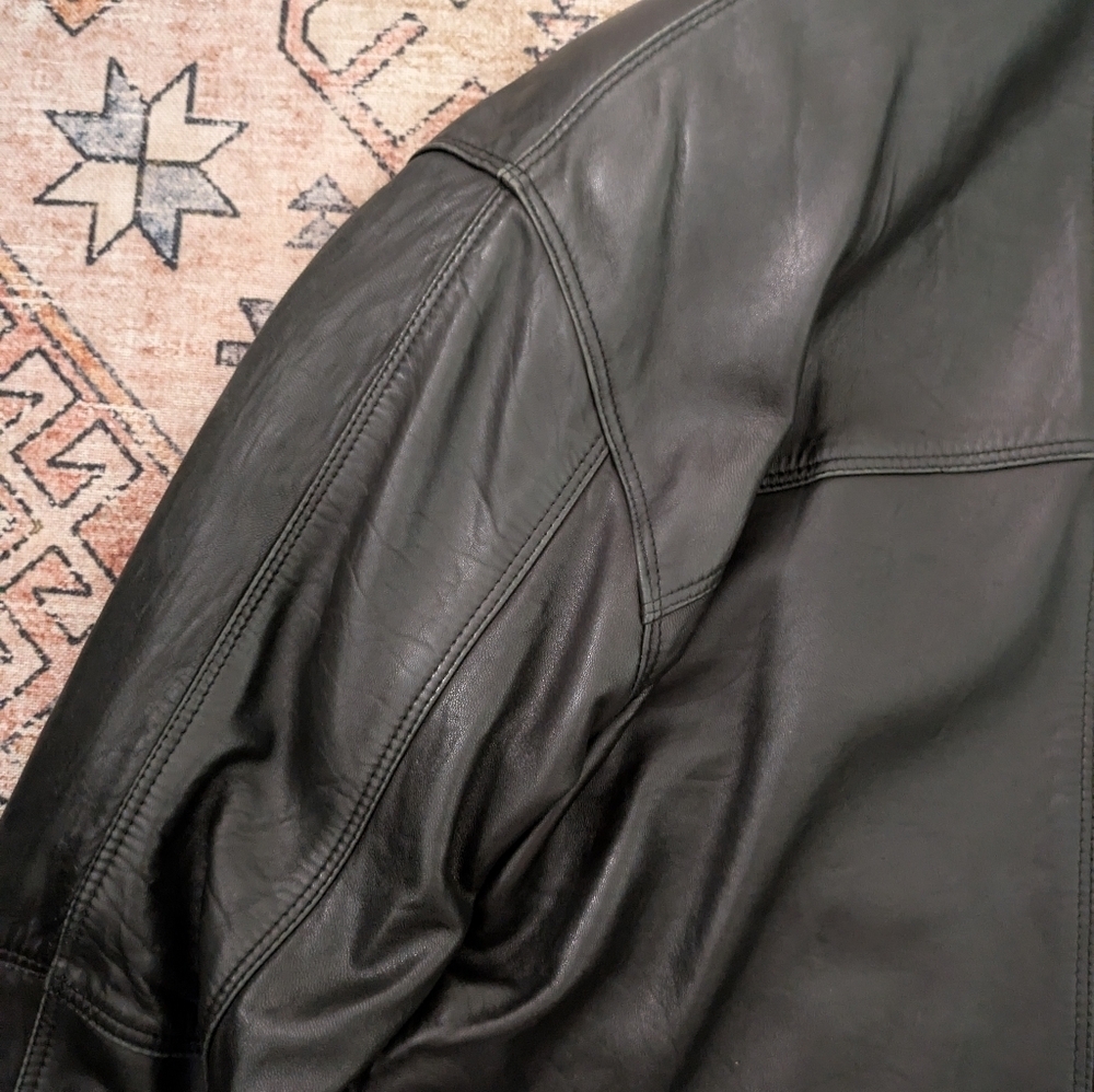 90s Grunge Oversized Style Black Leather Jacket Coat Large Mens Size 38 - Picture 8 of 11
